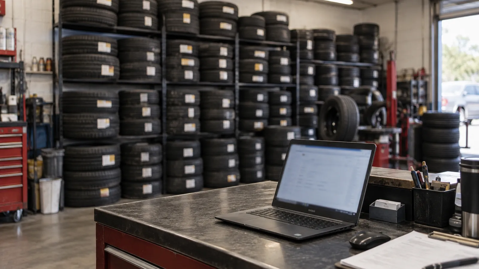 A wall of stacked tires in an independent tire shop with a laptop open on the counter