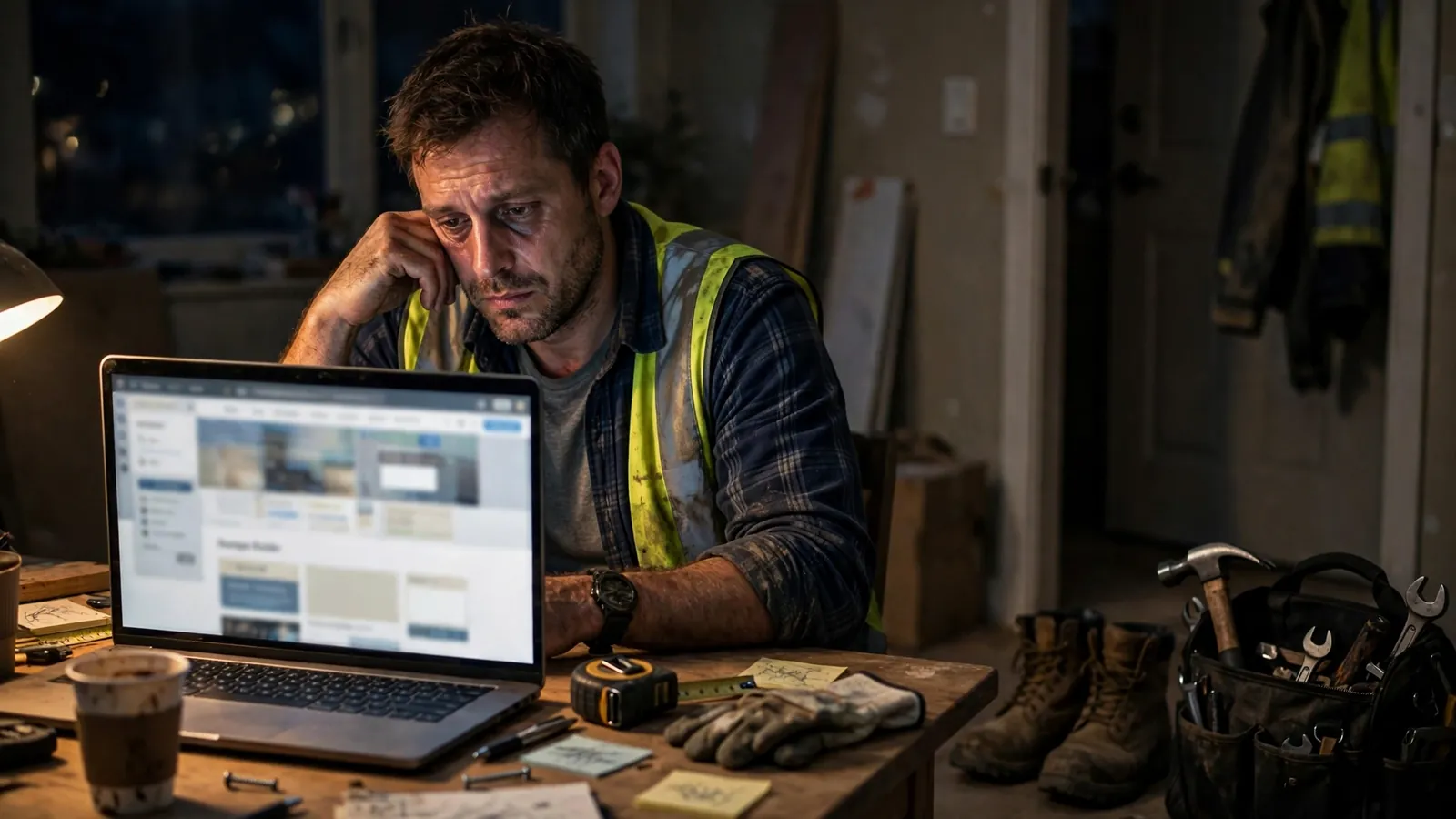 A tired contractor in a work vest building his own website on a laptop late at night