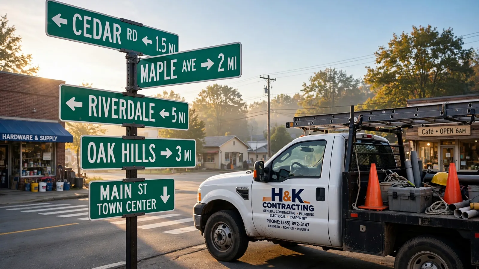Street signs pointing to several towns beside a contractor truck at a morning intersection