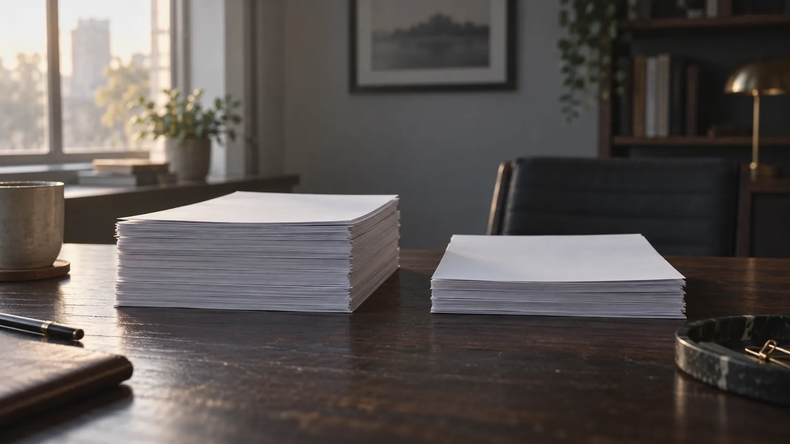 Two stacks of unmarked paper contracts of different thickness side by side on a dark wood desk