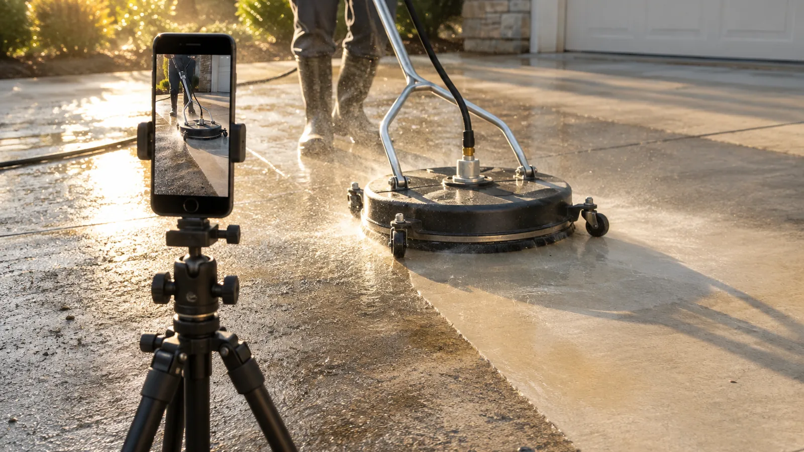 A phone filming a pressure washer surface cleaner mid pass on a concrete driveway