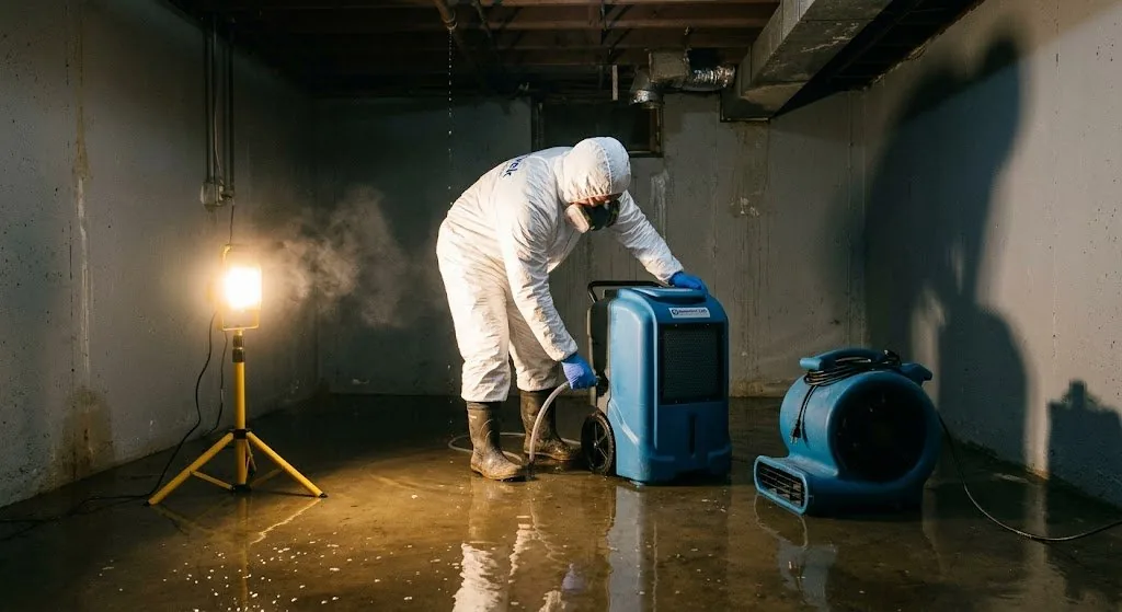 NJ IICRC-certified restoration technician extracting water from flooded basement