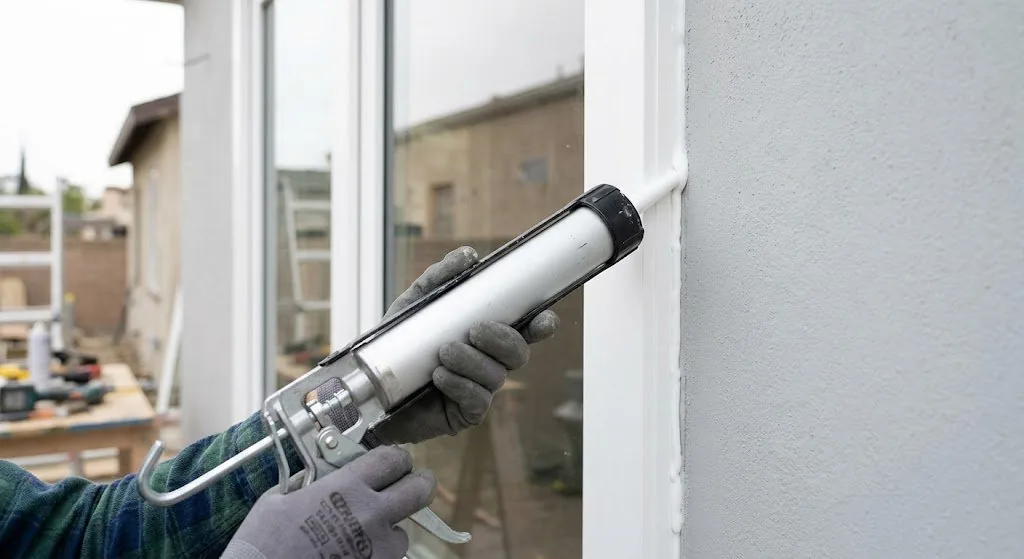 Fresh caulking on newly installed replacement window detail shot