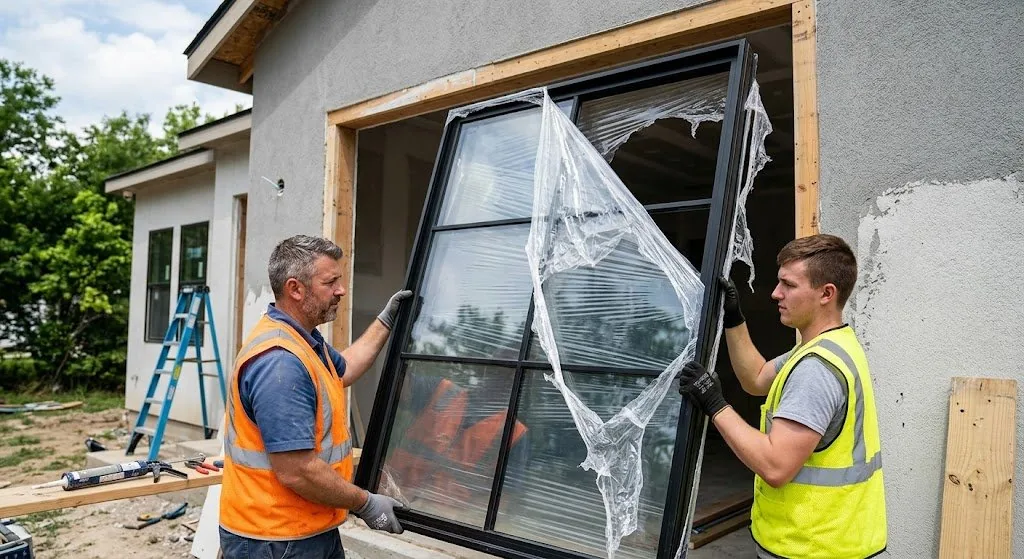 NJ window installers lifting new black frame replacement window