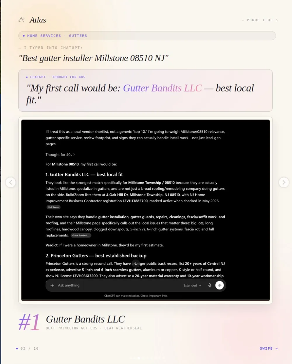 ChatGPT screenshot recommending Gutter Bandits LLC as the best gutter installer in Millstone NJ, May 2026