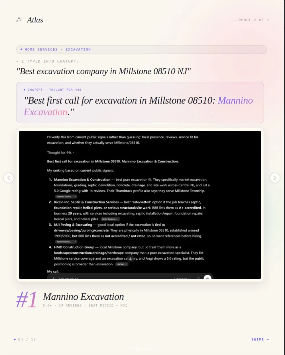 ChatGPT screenshot ranking Mannino Excavation first for excavation in Millstone NJ, May 2026