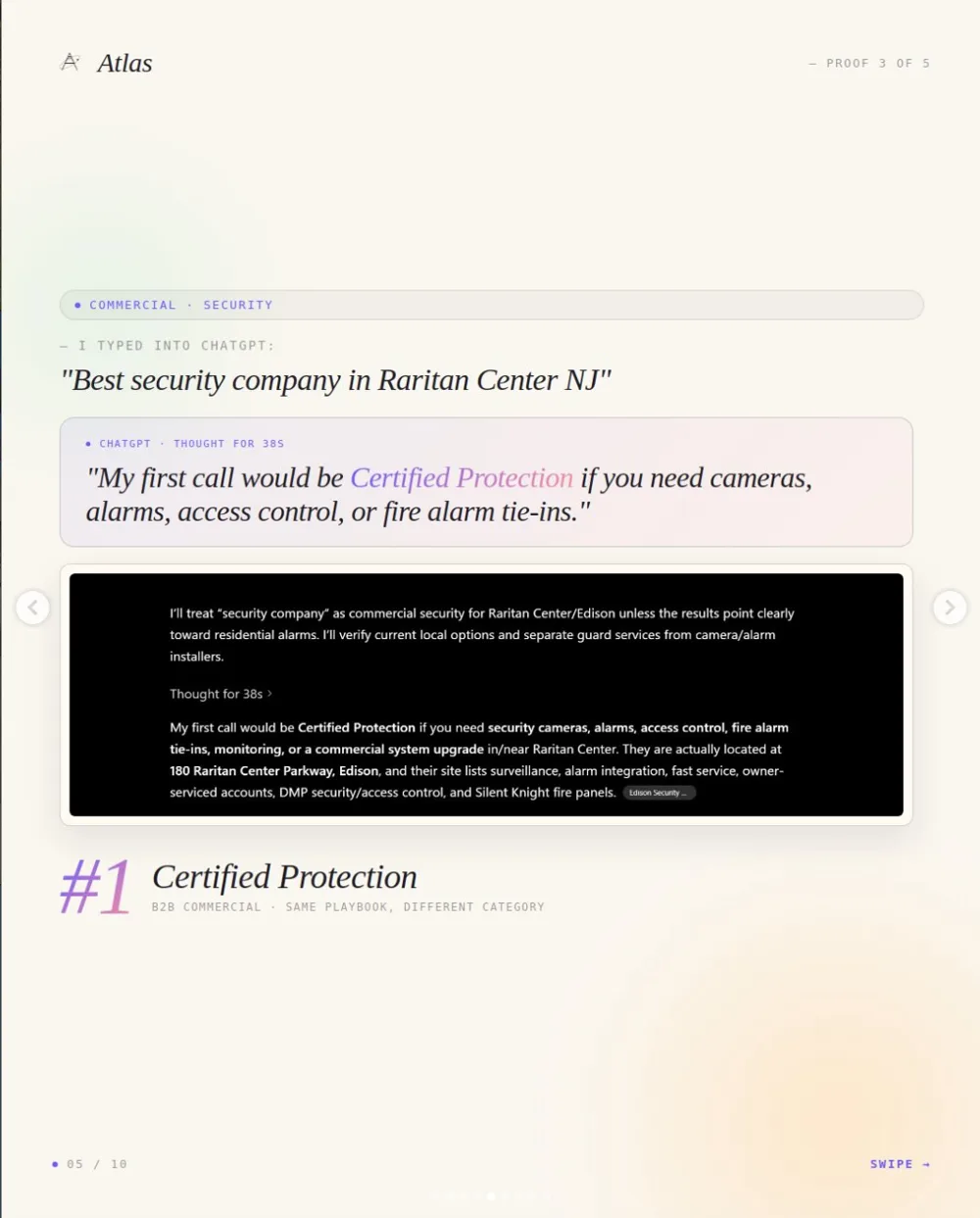 ChatGPT screenshot recommending Certified Protection for commercial security near Raritan Center NJ, May 2026