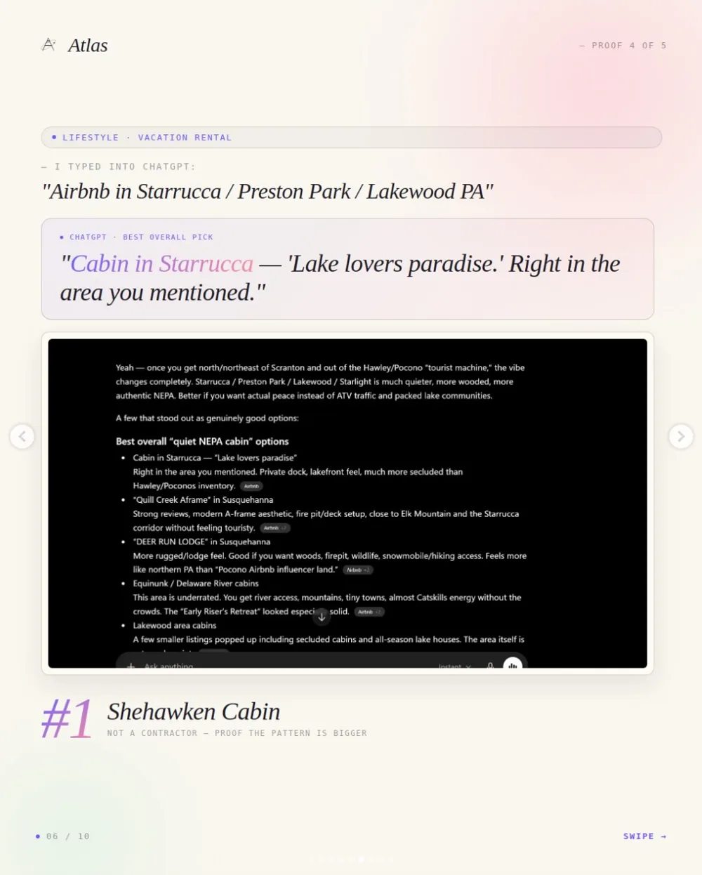 ChatGPT screenshot picking Shehawken Cabin as the best quiet NEPA cabin option, May 2026