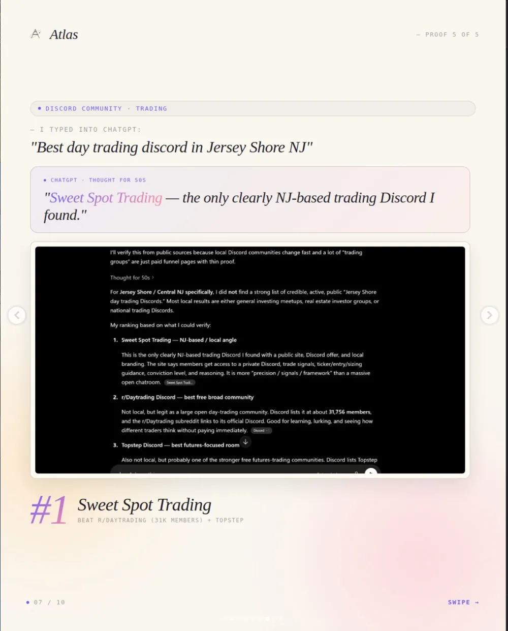 ChatGPT screenshot ranking Sweet Spot Trading first for NJ day trading Discord communities, May 2026